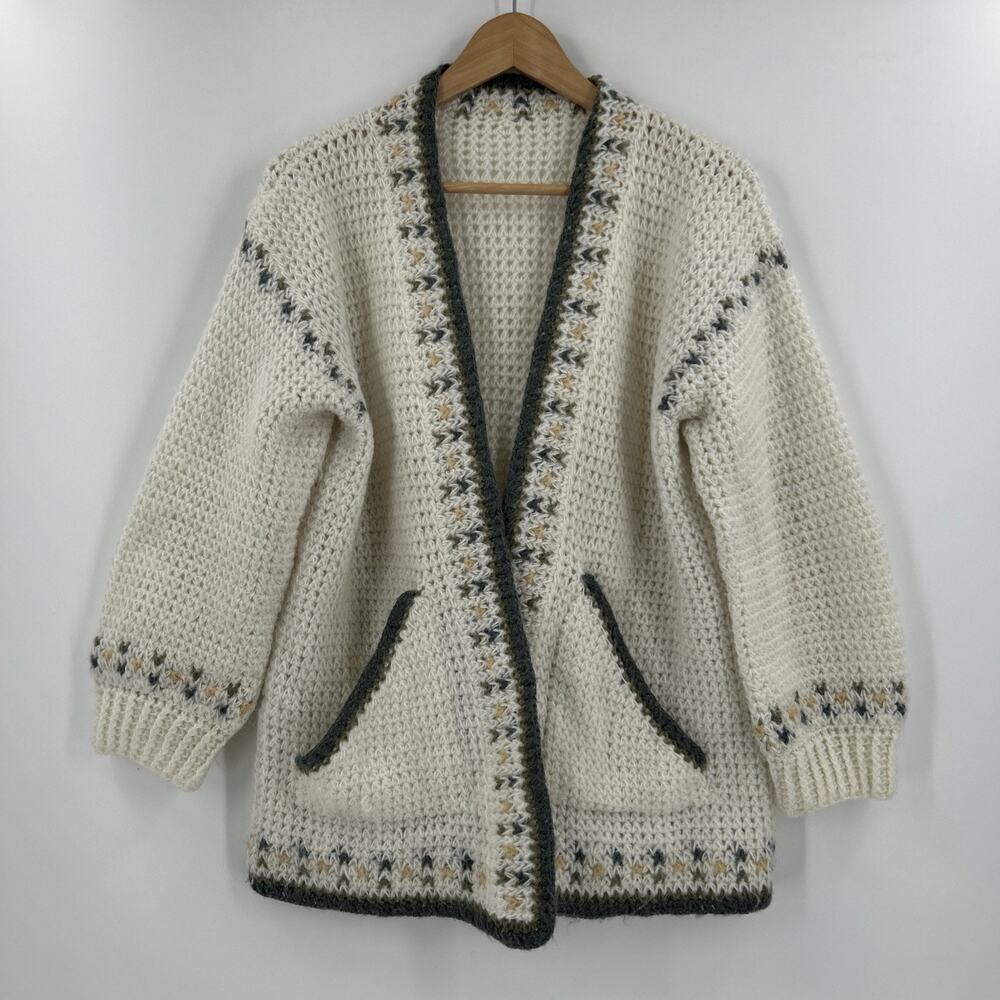 Vintage Hand Knit Cardigan Womens M/L Cream Green Cottagecore Nordic Open Front